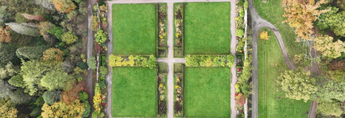 An aerial drone shot of the park’s walled garden