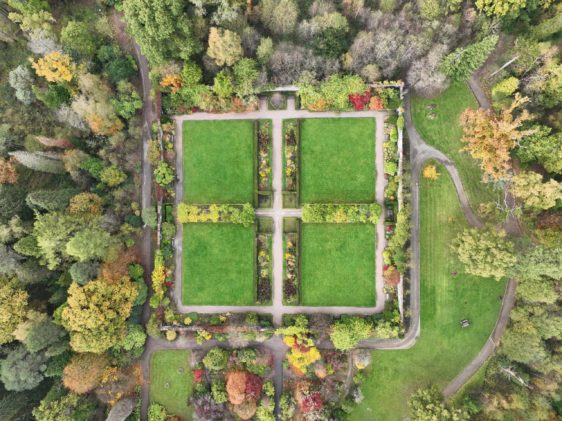 An aerial drone shot of the park’s walled garden