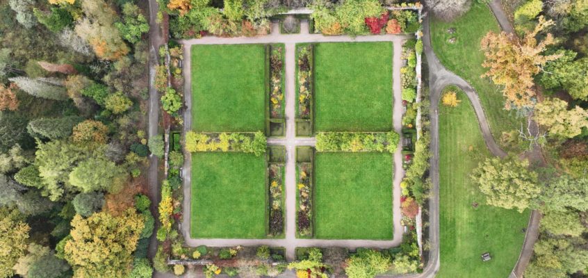 An aerial drone shot of the park’s walled garden