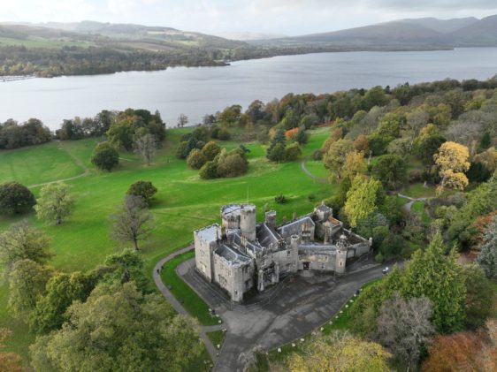 An aerial drone shot of Balloch Castle