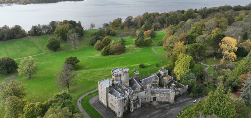 An aerial drone shot of Balloch Castle